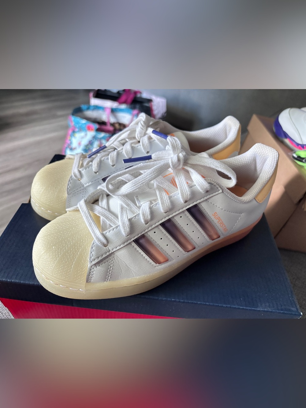 adidas White Sneakers with Peach & Purple Accents - Picture 1 of 5
